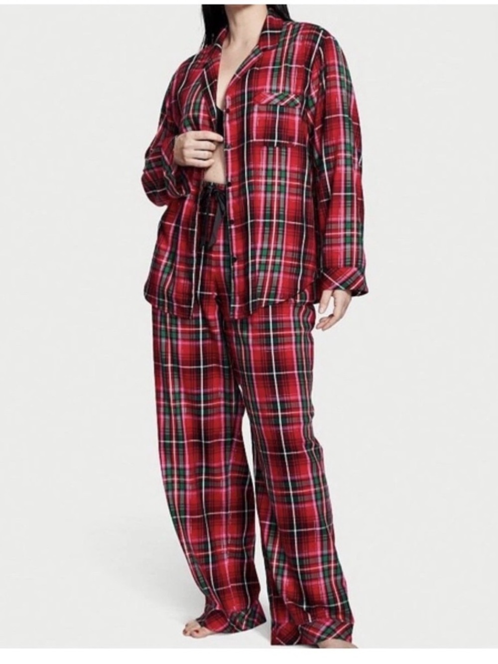 Victoria's Secret Red Pink Green Plaid Flannel Pajama Set Women’s Size Large